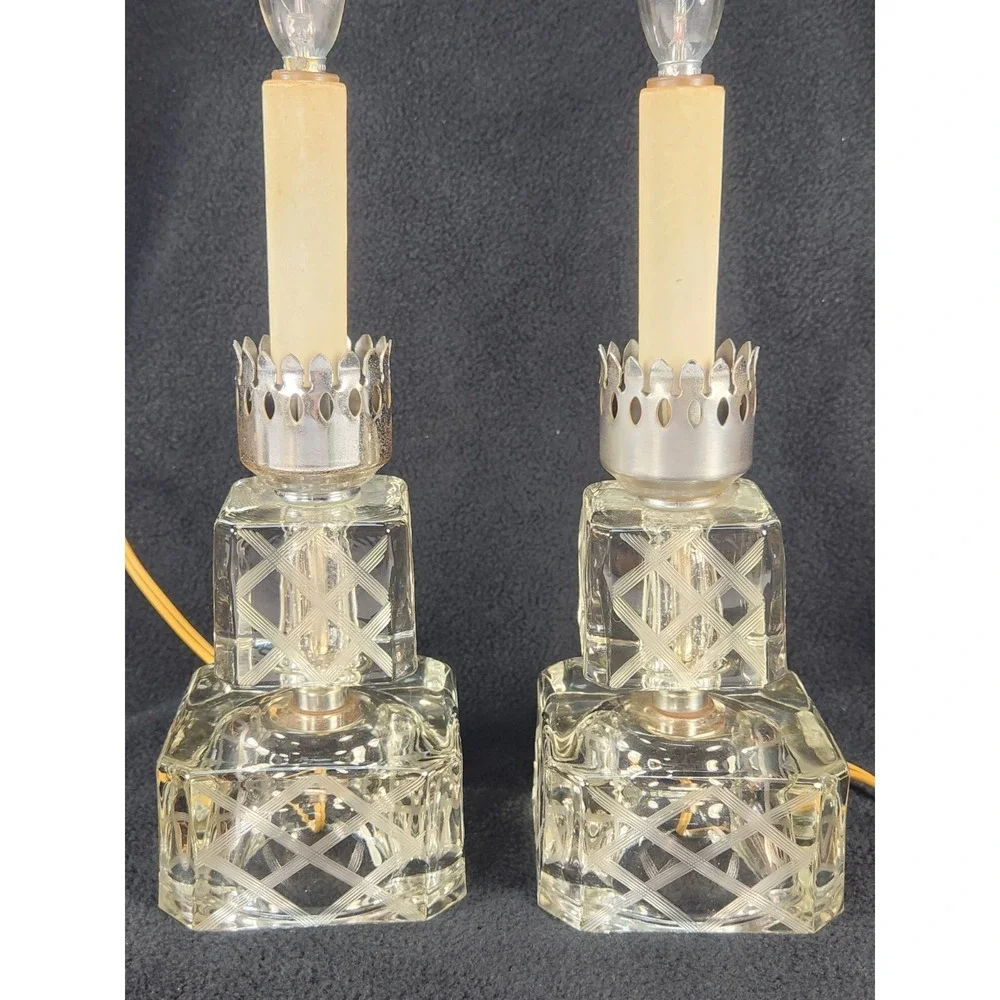 STUNNING 1940s Boudoir Hurricane Lamps Pair Crystal Stacked Cube Diamond Etched